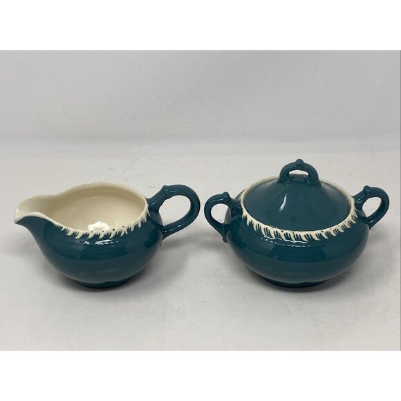 Harker Corinthian Dark Teal Green Sugar  Creamer Gadroon Edge Vintage Harkerware - Picture 2 of 12